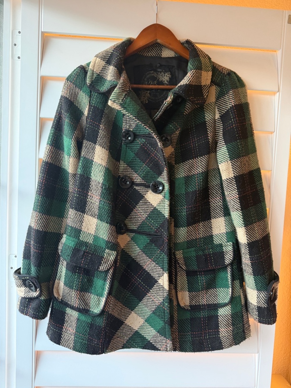 Womens Green Plaid Double-Breasted Wool Coat